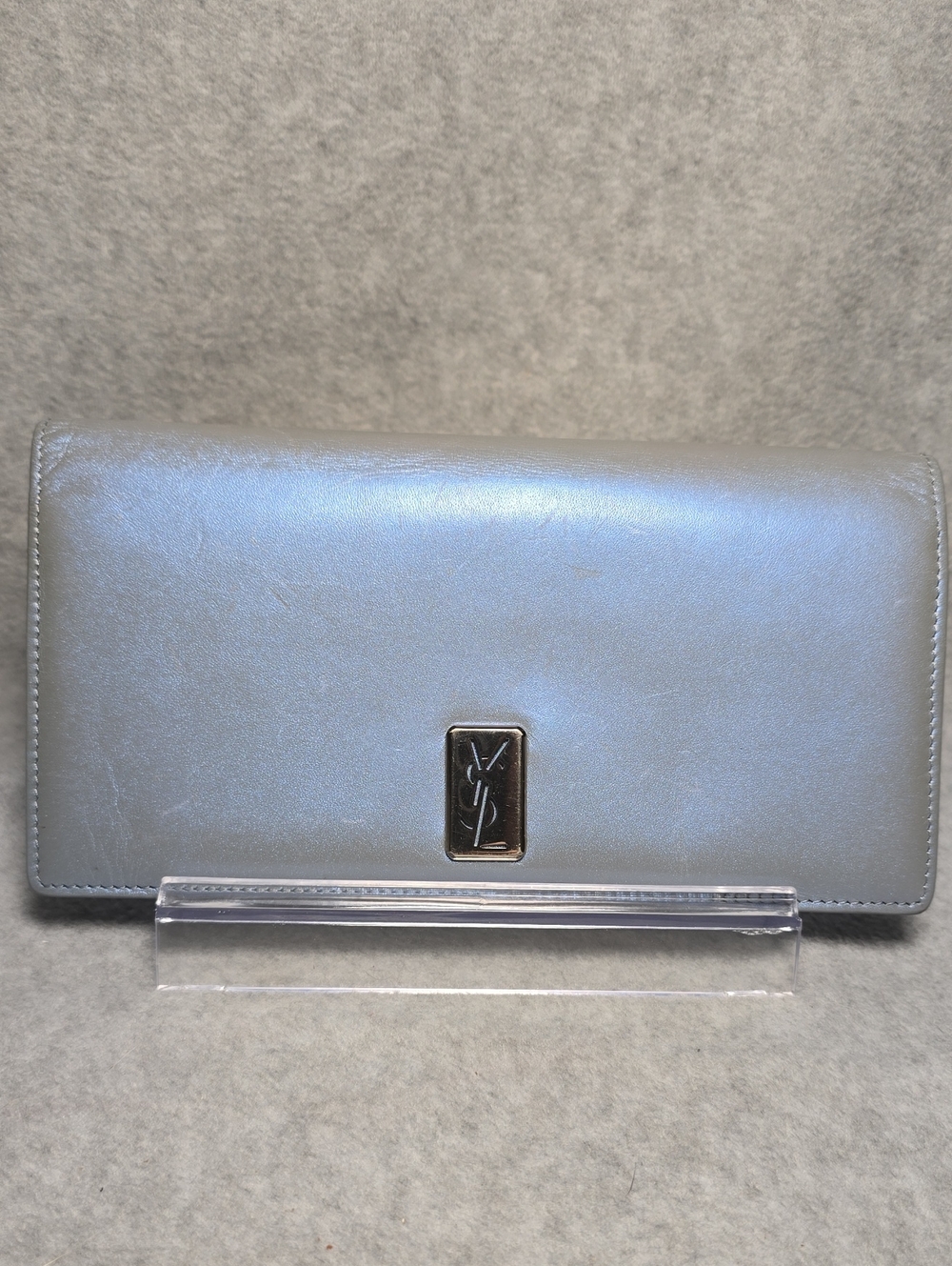 Vintage Yves Saint Laurent Metallic Light Blue Leather Continental Long Wallet